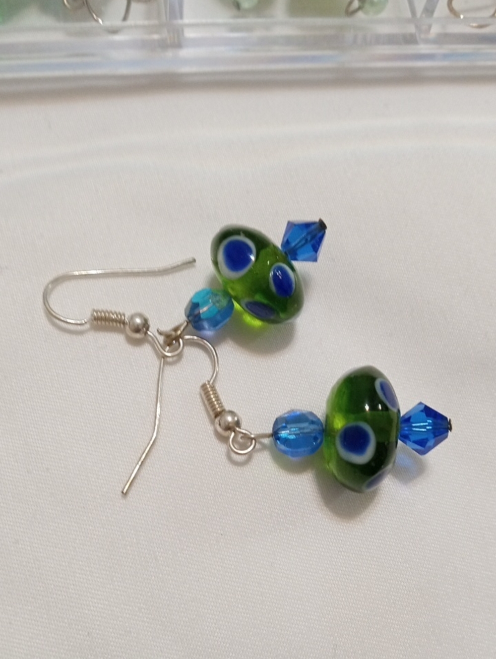 Handmade Green Glass Bead Drop Earrings with Blue Accents